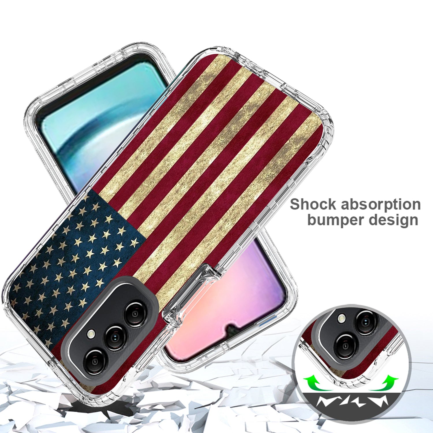 Uniqkart for Samsung Galaxy A24 4G Pattern Printing Phone Case PC Frame + TPU Transparent Phone Cover - American Flag Uniqkart for Samsung Galaxy A24 4G Pattern Printing Phone Case PC Frame + TPU Transparent Phone Cover - American Flag